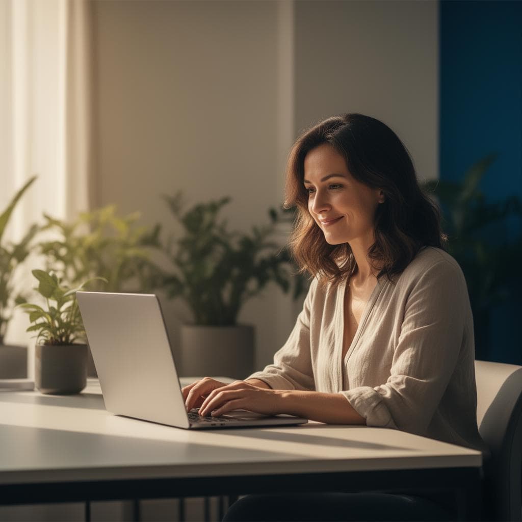 A person searching public records confidentially from her home office